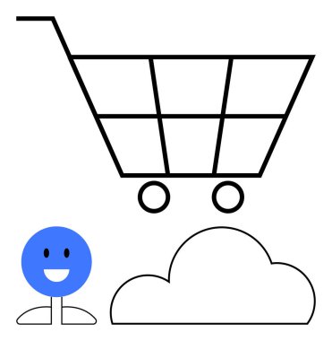 Alışveriş arabası, mavi gülen surat, aşağıdaki bulut online alışveriş, bulut servisi veya dijital platformları tasvir ediyor. E-ticaret, müşteri memnuniyeti, çevrimiçi hizmetler, bulut bilgisayar kullanıcısı için ideal