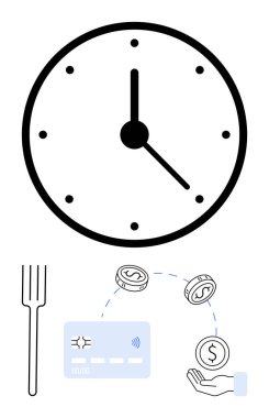 Clock with black hands and dots, fork, credit card, coins, and hand receiving money. Ideal for time management, personal finance, productivity savings budgeting investing business. Line metaphor clipart