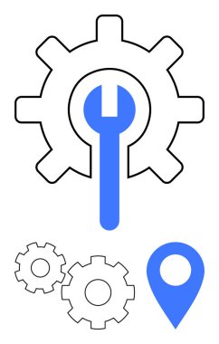 İki küçük dişli ve mavi yer bulucu pimi ile çevrili merkezi vites. Bakım, ayar, onarım hizmetleri, teknik destek, konum belirleme, mühendislik, bilişim yönetimi için ideal