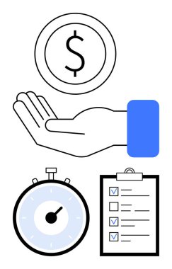 El ele tutuşan bozuk para kronometre kontrol listesi, kontrol işaretleri, mavi elementler. Finansal planlama, bütçe yönetimi, zaman yönetimi, verimlilik, verimlilik, görev öncelikleri için ideal temalar. Çizgi