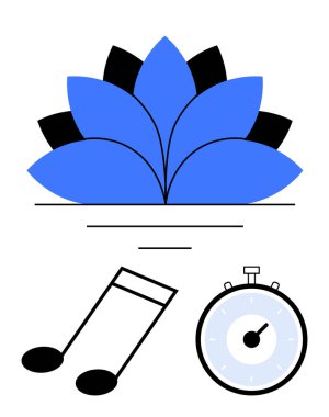 Blue and black petal design with a music note and stopwatch. Ideal for nature, botany, music, time management, wellness, mindfulness, meditation. Line metaphor clipart