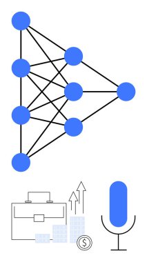 Bağlantı düğümleri, bir mikrofon ve evrak çantası, grafik ve madeni para içeren iş simgeleri içeren sinirsel ağ diyagramı. Teknoloji, yapay zeka, iş büyümesi, iletişim, finans ve ağ için ideal