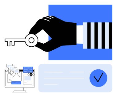 İnsan eli kontrol işaretinin üzerinde anahtarı tutuyor ve bilgisayar ekranında güvenlik temalı bir zarf açıyor. Siber güvenlik, çevrimiçi gizlilik, kimlik doğrulama, veri koruması, dijital güvenlik, şifreleme için ideal