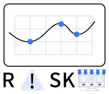 Risk analizini, üçgende ünlem işaretini ve çevrimiçi depo görüntüsünü temsil eden veri noktaları içeren bir grafik. İş analizleri, risk yönetimi, mali tahminler, veri sunumu için ideal