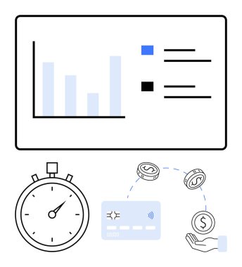 Verili bar çizelgesi, kronometre, kredi kartı, bozuk para ve el. Finans, yatırım, zaman yönetimi, banka ödeme işlemleri ve bütçe işlemleri için ideal. Satır metaforu