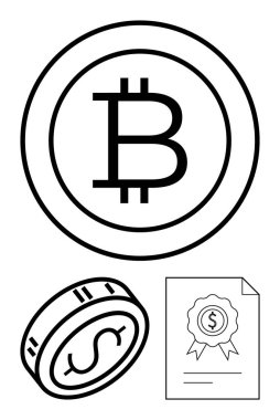 Büyük çemberin içinde Bitcoin madeni para, küçük açıda dolar madeni para ve dolar sembollü sertifika. Finans, kripto para birimi, yatırım, blok zinciri, işlemler, güvenlik sertifikası için ideal