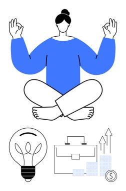 Lotus pozisyonunda, iş unsurlarıyla meditasyon yapan kişi ampul, evrak çantası ve yükselen parmaklıkları işaret eder. Stres yönetimi için ideal, yaratıcılık artışı, üretkenlik, kurumsal refah, finansal