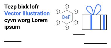 Merkezi olmayan DeFi küp ağının yanında mavi kurdeleyle sarılı bir hediye kutusu. Engelleme zinciri, dijital varlıklar, finans teknolojisi, fintech, kripto para birimi, tatil pazarlaması için ideal