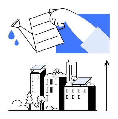 Şehre güneş panelleri, gökdelenler, ağaçlar ile el sıkışması büyümeyi, sürdürülebilirliği, kentleşmeyi, yeşil enerjiyi simgeler. Çevre dostu, yenilenebilir enerji ve çevre için ideal