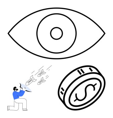 Büyük göz, roketleri fırlatan köpek ve dolar işaretli para. Finans, teknoloji, strateji, yenilik, pazarlama kripto para ve güvenlik için idealdir. Satır metaforu