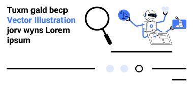 Büyüteç, birden fazla kolu olan robot çeşitli aletler, kodlama dizüstü bilgisayarı ve metin. Teknoloji, robot bilimi, araştırma, kodlama, yapay zeka, otomasyon, inovasyon için ideal
