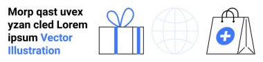 Gift box with blue ribbon, transparent globe, and shopping bag with medical cross symbol. Ideal for e-commerce, global trade, online shopping, healthcare marketing, international business, holiday clipart