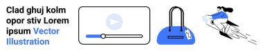Scooter süren bir kadın, boş video oynatıcı arayüzü, mavi el çantası. Ulaşım, e-ticaret, teknoloji dersleri, moda, mobil uygulama web sitesi tasarımı için ideal. İniş sayfası