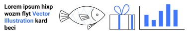 Yay ve dikey çubuk grafiği olan bir hediye kutusunun yanında stilize balık çizimi. Soldaki yer tutucu metin. Pazarlama, iş, veri sunumu, hediye, diyagramlar, promosyonlar için ideal