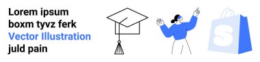 Mezuniyet şapkası, kutlayan kişi, alışveriş torbası ve siyah-mavi renkli numune metni. Eğitim, online alışveriş, kutlamalar, reklamcılık ve pazarlama için ideal. İniş sayfası