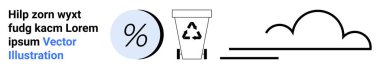 Geri dönüşüm sembollü geri dönüşüm kutusu, mavi daireli yüzde sembolü ve metin içeren bulut ana hatları. Sürdürülebilirlik, atık yönetimi, eğitim, istatistik, iklim değişikliği, yenilenebilir