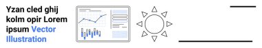 Çizgi ve çubuk grafikli çizelge, stilize güneş, yatay çizgiler ve yer tutucu metin. İş analitiği, veri sunumu, SEO, pazarlama, teknoloji, finans, web geliştirme için ideal. İniş