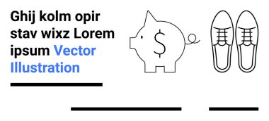 Dolar sembollü domuz kumbarası, bir çift ayakkabı ve yer tutucu mesajı. Finans, tasarruf, bütçe, alışveriş, perakende, e-ticaret, bankacılık için ideal. İniş sayfası