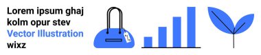 Handbag with a tag, ascending bar graph, and a blue leaf icon represent growth, fashion, and sustainability. Ideal for business, retail, eco-friendly themes, branding marketing presentations clipart