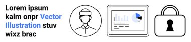 Ekranda iş veri analizleri, profil avatar simgesi ve güvenlik asma kilidi. Veri analizi, güvenlik protokolleri, kullanıcı profilleri, kurumsal eğitim, teknoloji dersleri, bilgi grafikleri için ideal
