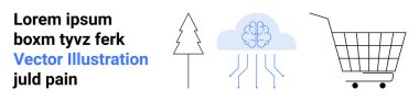 Alışveriş arabası, devreli bulut, ağaç çizgisi ve minimalist tarzda yer tutucu metin. Teknoloji, perakende satış, yapay zeka, sürdürülebilirlik, e-ticaret, dijital yenilik ve modern tasarım için ideal. Pankart