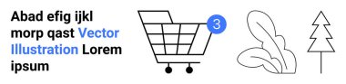 Bildirimli alışveriş arabası, soyut yaprak şekilleri ve basit bir çam ağacı ikonu. E-ticaret, doğa, modern tasarım, minimalizm, bildirimler, vektör sanatı, web sitesi iniş sayfası için ideal. İniş