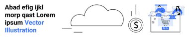 Bulut simgesi, dolar işareti, insanların internetten ürünleri kontrol ettiği alışveriş arabası. E-ticaret, dijital pazarlama, çevrimiçi alışveriş, bulut depolama, mali işlemler, web geliştirme için ideal