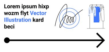 Askıda asılı elbiseler, soyut karalamalar ve örnek metin eşliğinde sağ tarafa doğru keskin bir ok. Moda, yön, soyut sanat, tipografi, modern tasarım, e-ticaret navigasyonu için ideal