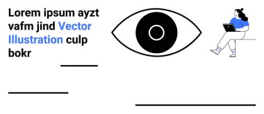 Metnin yanında büyük bir göz simgesi, platformda oturan bir dizüstü bilgisayarla çalışan biri. Web tasarımı, teknoloji, izleme, medya, eğitim, dijital içerik, iniş sayfası için ideal
