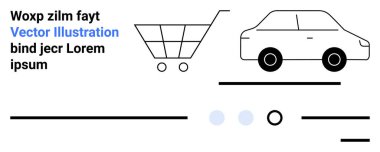Alışveriş arabası ikonu, araba ikonu, yer tutucu metin ve çeşitli satırlar. E-ticaret, ulaşım, minimal tasarım, çevrimiçi alışveriş, kullanıcı arayüzü, web sitesi düzeni, ürün seçimi için ideal
