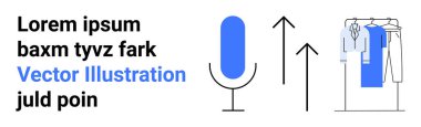 Mikrofon, yukarı bakan iki ok ve çeşitli kıyafetlerle dolu bir elbise askılığı. Temaları kullan podcasting, büyüme, yön, kayıt, perakende organizasyon modası. İniş sayfası