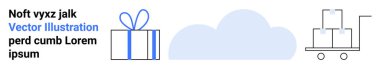 Kurdeleli hediye kutusu, mavi bulut ikonu ve çoklu paket taşıyan el arabası. Çevrimiçi alışveriş, dağıtım hizmetleri, e-ticaret, lojistik, bulut depolama, envanter yönetimi perakende satış için ideal