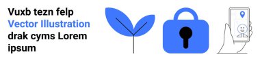 Yaprak illüstrasyon, asma kilit sembolü ve yer işaretleyicili akıllı telefon. Teknoloji, güvenlik, navigasyon, büyüme, dijital yenilik, mobil uygulamalar, çevre dostu temalar için idealdir. Pankart