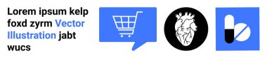Konuşma balonunda alışveriş arabası, çemberde insan kalbi grafiği, mavi karede hap ikilisi. E-ticaret, sağlık, iletişim, ilaç, tıbbi, çevrimiçi alışveriş, modern tasarım için ideal