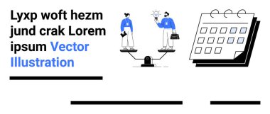 Terazide dengede duran iki figür, biri evrak çantasını tutuyor, diğeri ise bir takvimin yanında bir ampul. Takım çalışması, problem çözme, iş, proje yönetimi, planlama, yenilik için ideal