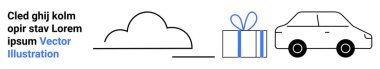 Araba, fiyonklu hediye kutusu ve minimalist siyah-mavi renkli bulut elementleri. Ulaşım, dağıtım hizmetleri, hediye verme, tatiller, kutlamalar, lojistik hava durumuyla ilgili konular için ideal