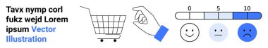 Alışveriş arabası sembolü, el hareketi ve mutlu ile üzgün arasında değişen yüzlere sahip müşteri memnuniyeti derecesi. E-ticaret, müşteri hizmetleri, geri bildirim, kullanıcı deneyimi, ürün değerlendirmeleri için ideal