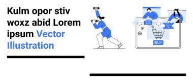 Mavili şahıslar dijital alışveriş arabası, dürbün ve resim arayışıyla etkileşim halindeler. E-ticaret, çevrimiçi alışveriş, İnternet navigasyonu, dijital pazarlama, tüketici davranışı için ideal