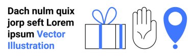 Kurdeleli hediye kutusu, el hareketi, lokasyon iğnesi. Navigasyon için ideal, simgeyi durdur, teslimat servisi, hediye paketleme müşteri hizmetleri. Basit ve temiz vektör stili. İniş sayfası