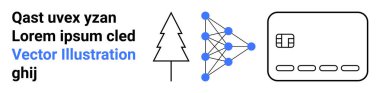 Ağaç çizgisi, sinirsel ağ şeması ve Lorem Ipsum metniyle birlikte kredi kartı taslağı. AI, teknoloji, ödeme çözümleri, doğa koruma, görsel tasarım, eğitim yeniliği kavramları için ideal