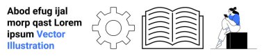 Metin bloğu bir vites simgesi, açık bir kitap ve taburede oturan bir kadının yanında. Eğitim temaları, öğrenme, bilgi yayılımı, teknik kavramlar, kullanıcı kılavuzları, okuma alışkanlıkları için ideal