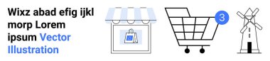 Vitrindeki tenteli çanta, bildirim ikonlu alışveriş arabası, geleneksel yel değirmeni. E-ticaret, çevrimiçi alışveriş, perakende şirketler, mağaza paravanları, geleneksel pazarlar, yel değirmenleri, vektör