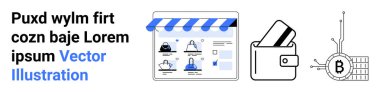 Ürünlerle çevrimiçi mağaza önü, kredi kartıyla cüzdan ve Bitcoin sembolü. E-ticaret, finans, kripto para birimi, dijital ödemeler, çevrimiçi güvenlik, fintech pazarlama ve yatırım için ideal