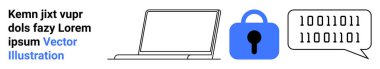 Mavi kilit simgesinin ve ikili kod içeren konuşma balonunun yanında dizüstü bilgisayar ana hatları. Siber güvenlik eğitimi, çevrimiçi güvenlik, veri koruması, teknoloji blogları, bilişim hizmetleri, e-öğrenim kursları için ideal