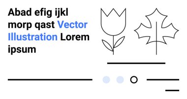Lale, akçaağaç yaprağı ve metin elementleri içeren siyah ve beyaz minimalist tasarım. Mavi röfleli siyah metin. Web sitesi tasarımı için ideal, doğa temaları, web geliştirme, tipografi, modern