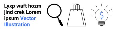 Büyüteç, alışveriş torbası ve dolar işareti ile aydınlatılmış ampul. Çevrimiçi alışveriş, e-ticaret platformları, pazarlama stratejileri, ürün arama, perakende ticaret, mali büyüme için ideal