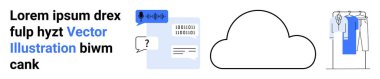 Bulut simgesi merkezli, metin içeren diyalog kutusu, mesaj bildirimi ve alışveriş arabası. Bulut hesaplama, iletişim, içerik yönetimi, e-ticaret, veri depolama sosyal medyası için ideal