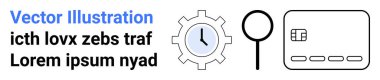Saat dişlisi ikonu, kredi kartı ve beyaz arka planda büyüteç ve metin elemanlarıyla birlikte. Zaman yönetimi, işletme, fintech, arama, araştırma, organizasyon ve üretkenlik için ideal