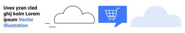 Siyah çizgili mavi bulut, konuşma balonunda alışveriş arabası ve açık mavi bulutlar. Bulut depolama, e-ticaret, bulut entegrasyonu, çevrimiçi alışveriş, dijital pazarlama için ideal