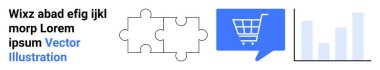 Sorun çözmeyi sembolize eden bulmaca parçaları, e-ticareti temsil eden bir konuşma balonunda alışveriş arabası ve veri analizini gösteren çubuk grafiği. İş stratejisi, e-ticaret, perakende için ideal